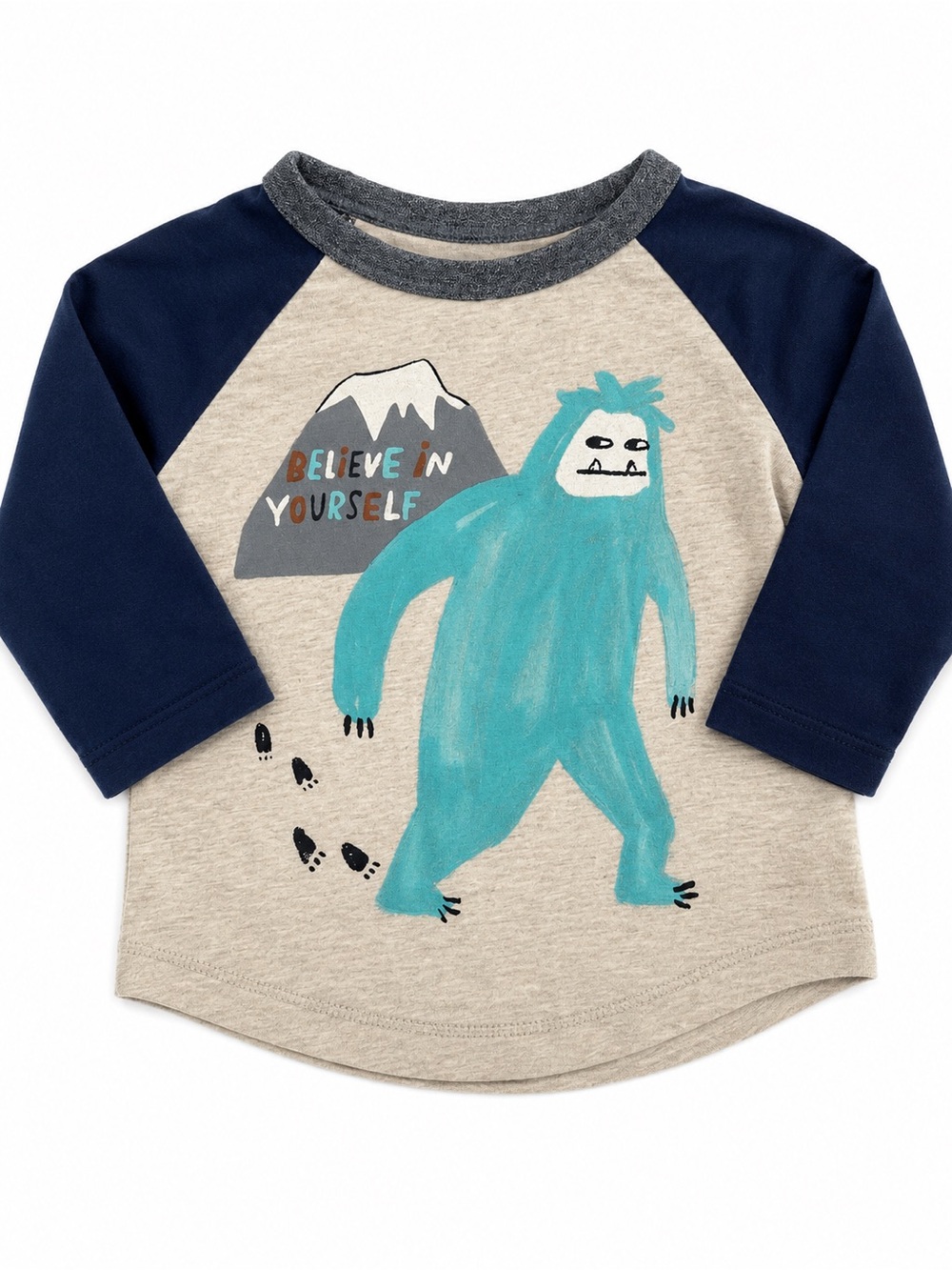 Gymboree Beige Raglan Top with Teal Monster and Navy Sleeves